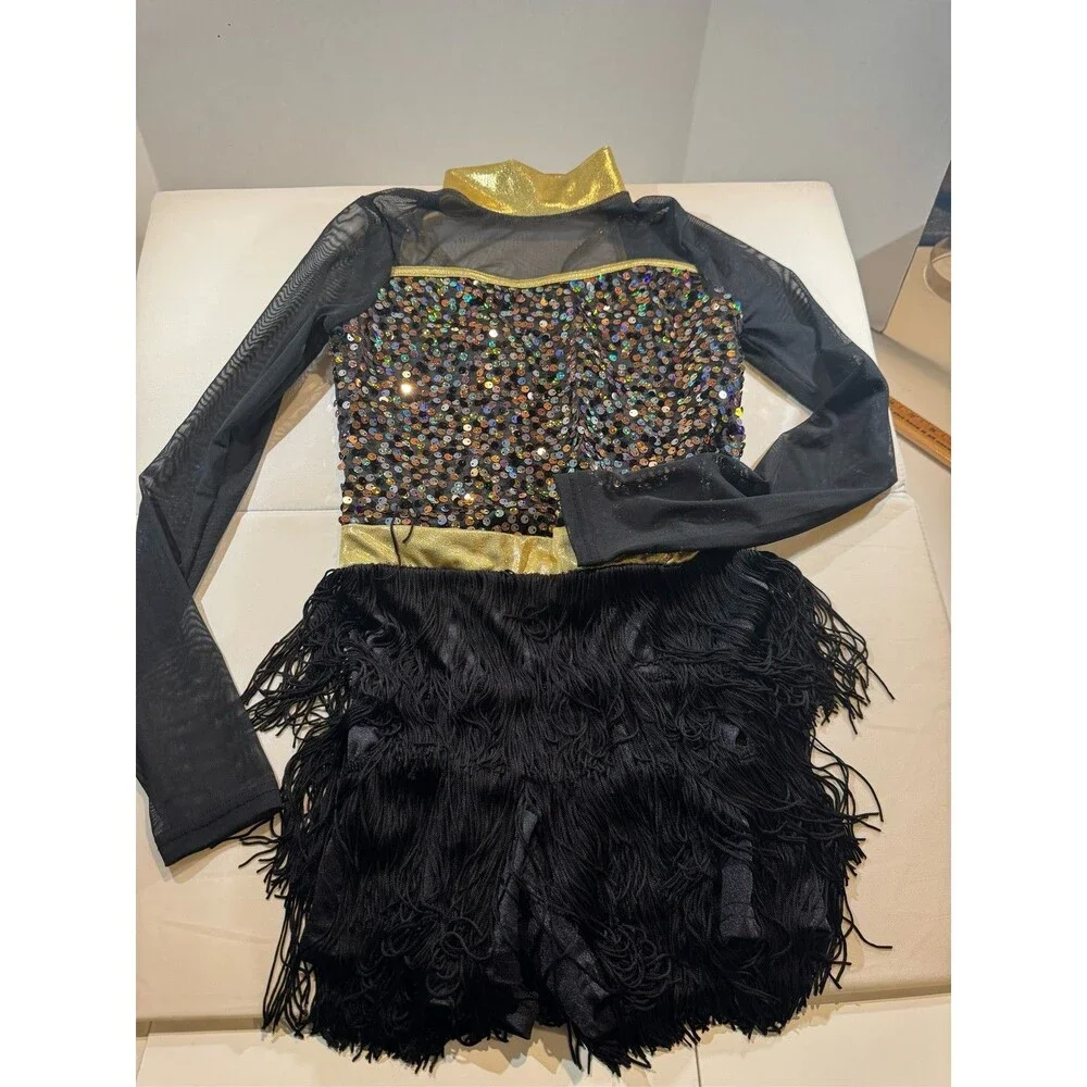 Weissman Black Gold Sequin Fringe Leotard Shorts Large Child LC